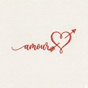 May include: Red heart pierced by an arrow, with the word "amour" in cursive script. The design is a single color and appears to be embroidered or drawn on a textured, off-white background. The arrow points to the right.