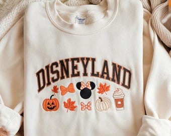 Felpa ricamata di Halloween Disneyland, felpa autunnale con Topolino e zucca, maglione autunnale Disney, maglietta ricamata con fiocco di Minnie e caffè