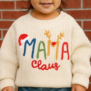 Mama Claus Christmas Sweater, Toddler Knit Christmas Jumper, Holiday Sweater for Kids, Cute Reindeer and Santa Hat Sweater, Winter Gift