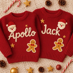Personalized Christmas Embroidered Sweater, Custom Name Knit Family Matching Sweater, Holiday Knit Jumper for Mom and Baby