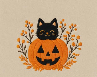 Halloween Cat Pumpkin Embroidery Design, Black Cat Jack O Lantern Fall Embroidery File, Cute Autumn Pumpkin Digital Download