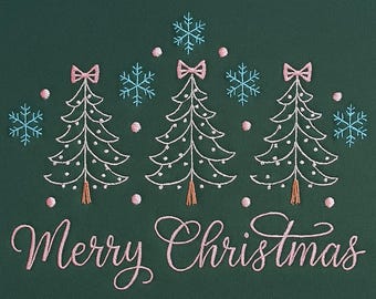 Merry Christmas Tree Embroidery Design, Three Christmas Trees Machine Embroidery File, Holiday Bow Tree Embroidery Pattern for Sweatshirt