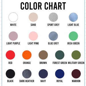Puede incluir: Una carta de colores con el t&iacute;tulo "COLOR CHART". Muestra 16 muestras de color con sus nombres: blanco, arena, gris deportivo, azul claro, lila claro, rosa claro, gris azulado, verde irland&eacute;s, rojo, naranja, marr&oacute;n, verde bosque, verde militar, negro, gris oscuro, azul marino, real y granate.