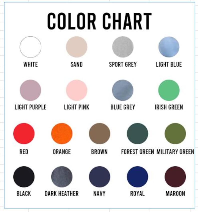 Puede incluir: Una carta de colores con el t&iacute;tulo "COLOR CHART". Muestra 16 muestras de color con sus nombres: blanco, arena, gris deportivo, azul claro, lila claro, rosa claro, gris azulado, verde irland&eacute;s, rojo, naranja, marr&oacute;n, verde bosque, verde militar, negro, gris oscuro, azul marino, real y granate.