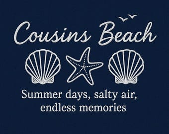 Cousins Beach Embroidery Design – Summer Shell & Starfish Digital File – Beach Quote Machine Embroidery – 4 Sizes Download