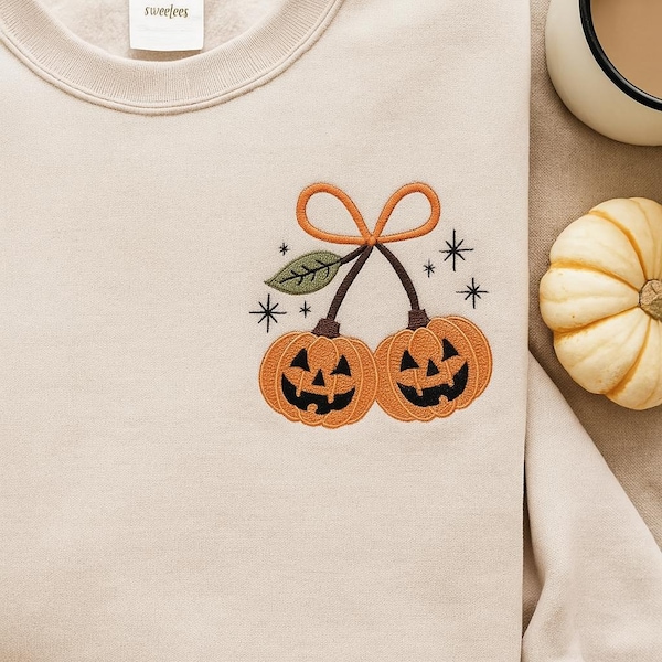 Pumpkin Cherry Coquette Embroidery Design, Autumn Girly Machine Embroidery, Halloween Fall Embroidery File
