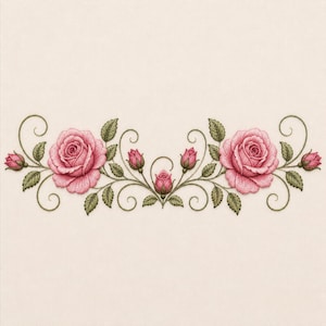 Può includere: Un design floreale simmetrico con due grandi rose rosa, diversi boccioli e foglie verdi. Le rose e i boccioli sono circondati da viti verdi con volute decorative, il tutto su uno sfondo color crema.