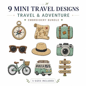 Travel Adventure Embroidery Bundle, 9 Mini Vacation Designs, Compass Camera Suitcase Van Map Hat