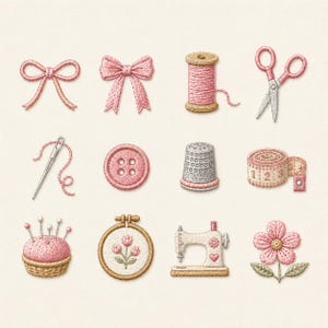 Op de afbeelding: Illustratie van diverse naai-items. De afbeelding toont een roze strik, een garenklos, een schaar, naald en draad, een knoop, een vingerhoed, een meetlint, een speldenkussen, een borduurring, een naaimachine en een bloem. Alle items zijn in roze en beige tinten.