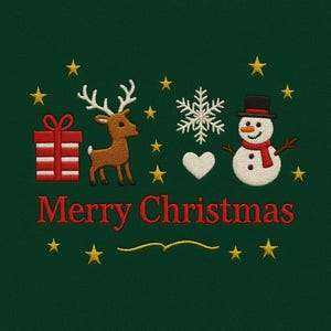 Könnte beinhalten: Ein festliches Weihnachtsdesign auf grünem Hintergrund. Es zeigt ein rotes Geschenk, ein braunes Rentier, einen Schneeflocke, ein weißes Herz und einen Schneemann mit schwarzem Hut und rotem Schal. Die Worte "Merry Christmas" sind rot.