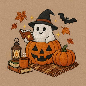 May include: A Halloween-themed illustration features a friendly ghost wearing a witch hat, sitting in a carved pumpkin, and reading a book. A lantern, coffee cup, and fall leaves complete the cozy autumn scene. A bat and a second pumpkin are also present.