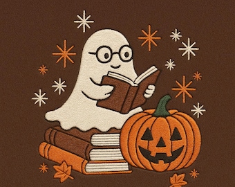 Embroidered Ghost Reading Book Halloween Design, Cute Pumpkin Fall ...