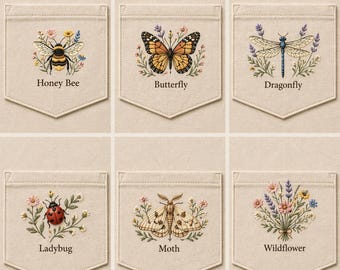 Insect Pocket Embroidery Designs, Bee, Butterfly, Dragonfly, Moth (Digital Files)