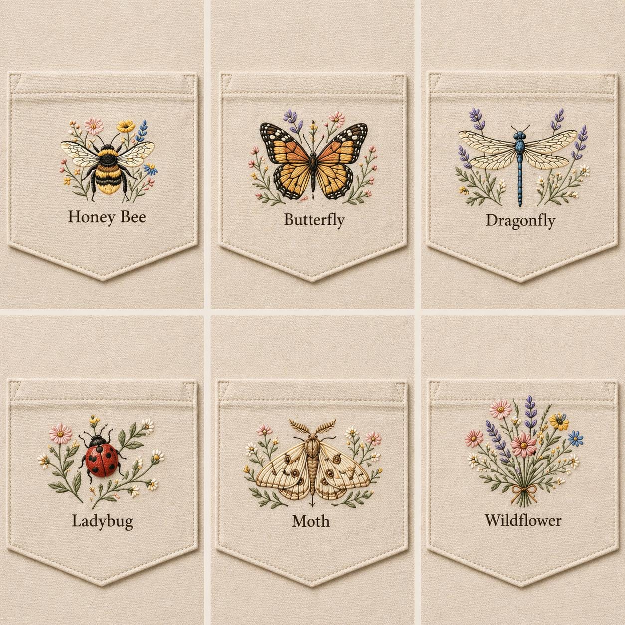 Insect Pocket Embroidery Designs, Bee, Butterfly, Dragonfly, Moth ...