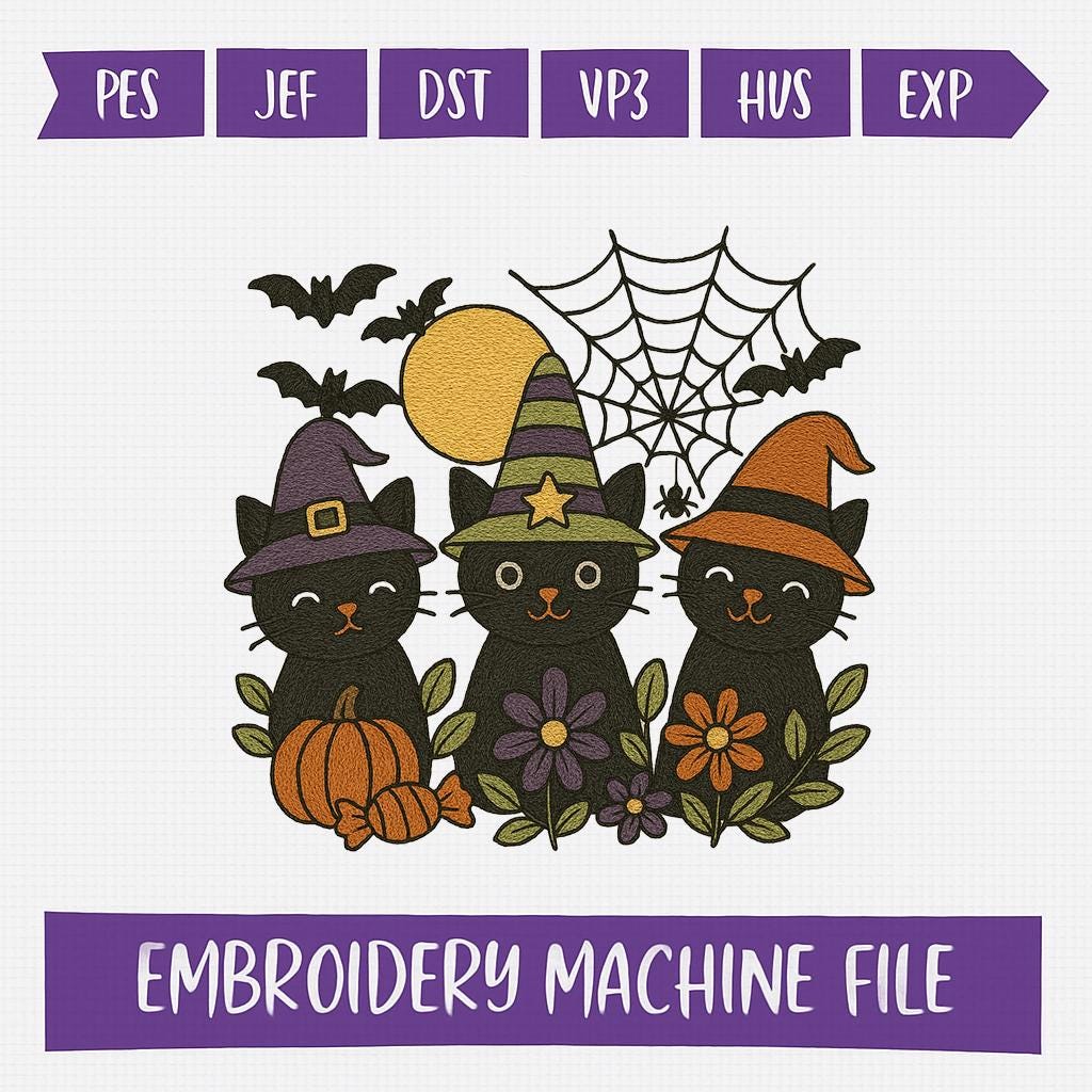 Halloween Black Cat Embroidery File, Witch Hat Pumpkin Spider Web Design, Machine Embroidery Pattern, Fall Digital Download