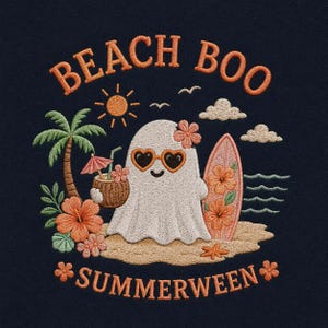 May include: Embroidered design featuring a friendly ghost wearing heart-shaped sunglasses, holding a coconut drink, and standing on a beach with a surfboard. The text reads "Beach Boo Summerween" in orange thread, with palm trees, flowers, and a sun.