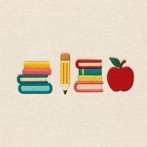 Teacher Embroidery Design, Books Pencil Apple Pattern, Back to School Machine Embroidery File, Teacher Gift Digital Download