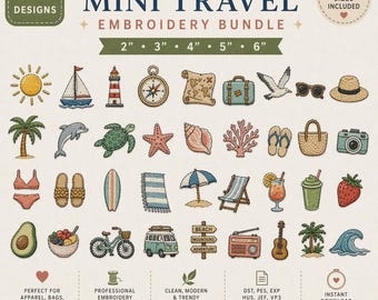 Mini Travel Embroidery Bundle, 27 Summer Vacation Icons, Beach Designs (Digital Download)