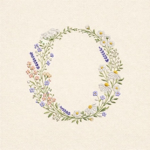May include: Embroidered floral wreath featuring daisies, lavender, and other wildflowers in shades of white, yellow, purple, and pink. The design is set against a cream-colored fabric background, creating a delicate and natural aesthetic.
