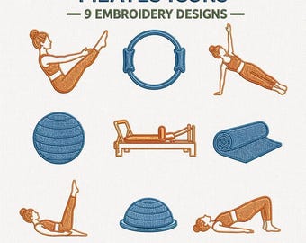 Disegni per ricamo con icone di Pilates, 9 file di allenamento fitness (download digitale)