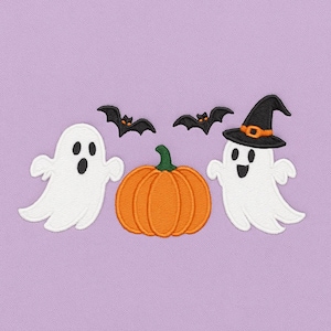 Diseño de bordado de calabaza fantasma de Halloween, lindo archivo de bordado de sombrero de bruja de murciélago espeluznante, patrón digital de otoño para sudadera y decoración