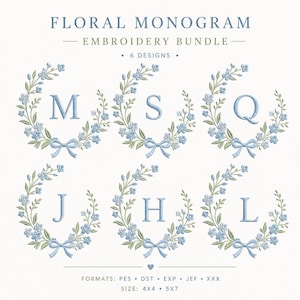 Può includere: Pacchetto di ricamo con monogramma floreale con sei disegni. Ogni disegno presenta una lettera (M, S, Q, J, H, L) all'interno di una ghirlanda floreale di fiori blu e un fiocco. L'immagine elenca anche i formati e le dimensioni, 10.16cm x 10.16cm e 12.7cm x 17.78cm.