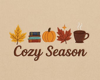 Cozy Season Embroidery Design, Fall Autumn Pumpkin Leaf Coffee Book Stitch, Digital Embroidery File PES DST Pattern for Hoop
