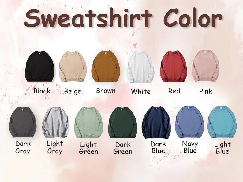 Puede incluir: Imagen que muestra una variedad de colores de sudaderas: negro, beige, marr&oacute;n, blanco, rojo, rosa, gris oscuro, gris claro, verde claro, verde oscuro, azul oscuro, azul marino y azul claro. El texto "Sweatshirt Color" est&aacute; en la parte superior.