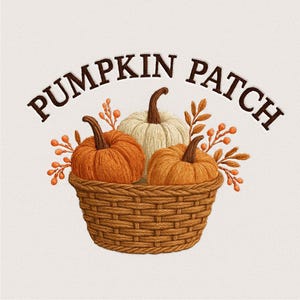 Può includere: Illustrazione di un cesto intrecciato pieno di tre zucche. Due sono arancioni e una è bianca. Il cesto è circondato da bacche arancioni e foglie marroni. Le parole "PUMPKIN PATCH" sono arcuate sopra il cesto in marrone.