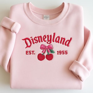 Disneyland EST 1955 Embroidery Design – Cherry Bow Digital File – Coquette Aesthetic Embroidery – Vintage Park Outfit – Digital Download