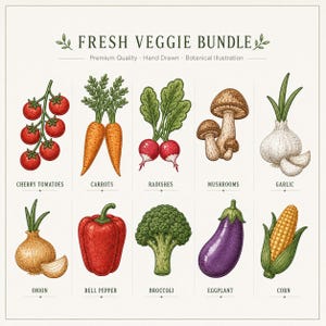 Op de afbeelding: Botanische illustratie van een verse groentebundel. De afbeelding toont handgetekende illustraties van kerstomaten, wortelen, radijsjes, champignons, knoflook, ui, paprika, broccoli, aubergine en maïs. Tekst: "FRESH VEGGIE BUNDLE".