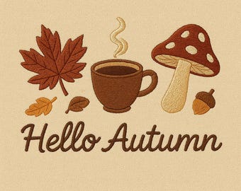 Diseño de bordado "Hola Otoño", "Café Hongo", "Patrón de Hojas" (PES DST)