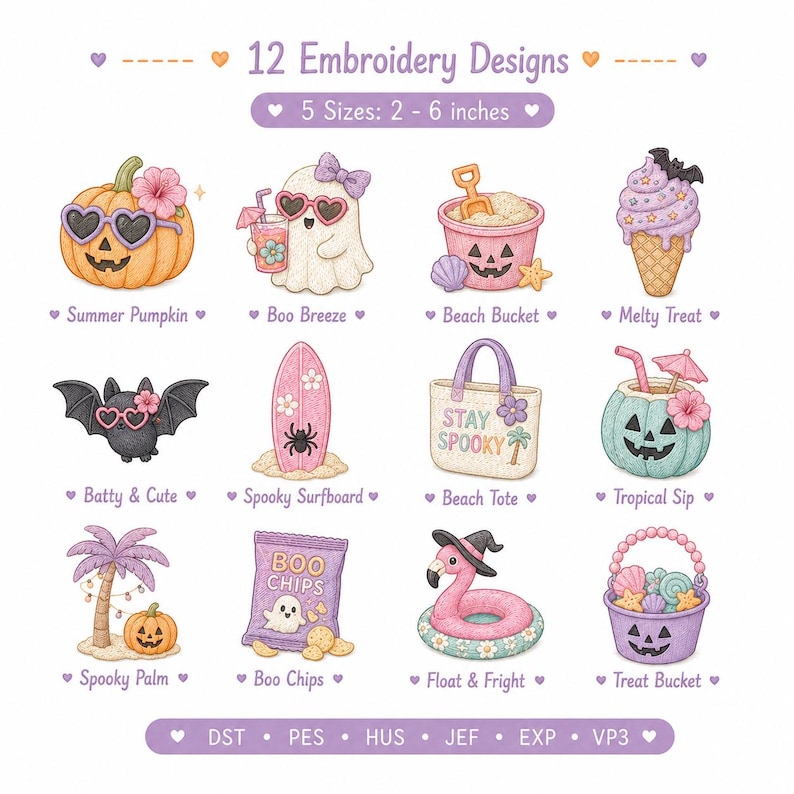 May include: A collection of 12 embroidery designs with a spooky summer theme. Designs include a pumpkin, ghost, beach bucket, ice cream cone, bat, surfboard, tote bag, tropical drink, palm tree, chips, flamingo float, and treat bucket. Sizes range from 2 to 6 inches.