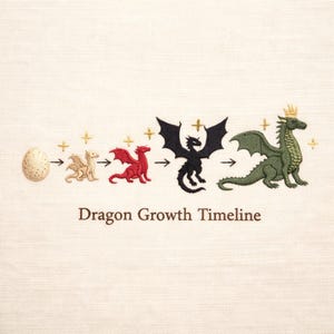 Puede incluir: Ilustración bordada que representa la línea de tiempo del crecimiento de un dragón, desde el huevo hasta el dragón adulto. El diseño presenta una serie de dragones en varios colores: beige, rojo, negro y verde, con una corona dorada. El texto "Dragon Growth Timeline" está debajo.