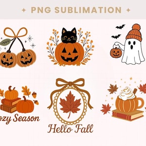 Op de afbeelding: Een verzameling digitale ontwerpen met herfstthema's met pompoenen, een zwarte kat, een spook en herfstbladeren. De ontwerpen bevatten de zinnen "Cozy Season" en "Hello Fall". De ontwerpen zijn in tinten oranje, bruin en wit.