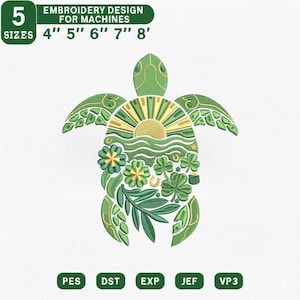 Könnte beinhalten: Grünes Stickdesign einer Schildkröte mit Sonne, Wellen, Blumen und Kleeblättern. Das Design ist in 5 Größen erhältlich: 10 cm, 13 cm, 15 cm, 18 cm und 20 cm. Das Design ist für Stickmaschinen und enthält die Formate PES, DST, EXP, JEF und VP3.