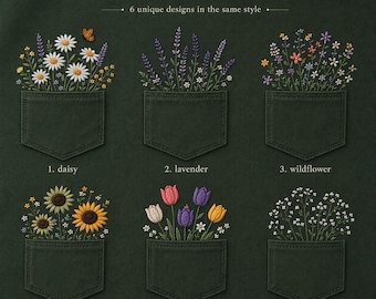 Floral Pocket Embroidery Designs, Daisy, Lavender, Tulip, Sunflower (Digital Files)