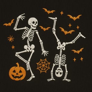 May include: Black fabric with an embroidered Halloween design. Two white skeletons are dancing, surrounded by orange bats, stars, a spider, a jack-o'-lantern, and a spiderweb. The design is perfect for Halloween-themed apparel or home decor.