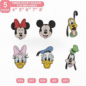 May include: Embroidery design for machines featuring six cartoon character faces, including Minnie Mouse, Mickey Mouse, Pluto, Daisy Duck, Donald Duck, and Goofy. The design comes in five sizes, ranging from 4 to 8 inches.