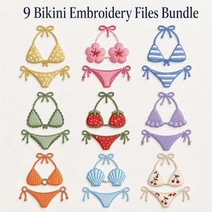 Könnte beinhalten: Neun gestickte Bikini-Designs in verschiedenen Farben und Mustern. Die Designs umfassen Bikinis mit floralen, gestreiften und fruchtigen Details. Der Text "9 Bikini Embroidery Files Bundle" steht oben.