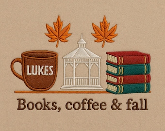 Luke&#39;s Coffee Fall Books Gazebo Embroidery Design – Cozy Autumn Digital File for Sweatshirts, Hoop Art, Machine Embroidery Pattern