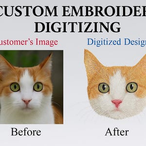 Może przedstawiać: Obraz przedstawiający cyfryzację haftu na zamówienie. Obraz przedstawia porównanie przed i po twarzy kota. Obraz "Przed" to zdjęcie, a obraz "Po" to zdigitalizowany wzór haftu. Tekst "CUSTOM EMBROIDERY DIGITIZING" znajduje się na górze.