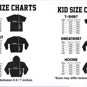 Puede incluir: Tablas de tallas para camisetas, sudaderas y sudaderas con capucha para j&oacute;venes y ni&ntilde;os. Las medidas est&aacute;n en pulgadas, incluyendo el ancho del pecho y la longitud. Tambi&eacute;n se incluye el texto "Las tallas pueden variar entre 0,5 / 1 pulgadas".