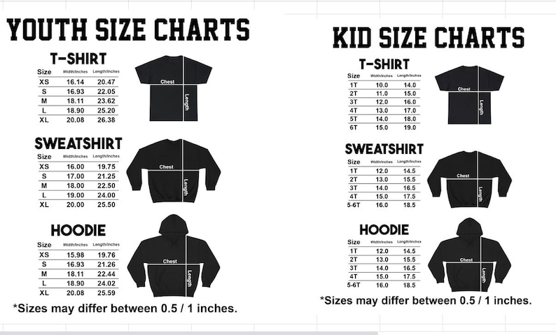 Puede incluir: Tablas de tallas para camisetas, sudaderas y sudaderas con capucha para j&oacute;venes y ni&ntilde;os. Las medidas est&aacute;n en pulgadas, incluyendo el ancho del pecho y la longitud. Tambi&eacute;n se incluye el texto "Las tallas pueden variar entre 0,5 / 1 pulgadas".