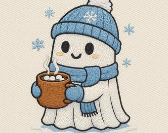 Diseño de bordado de fantasma invernal, fantasma lindo con cacao PES DST EXP, archivo de bordado a máquina navideño, descarga digital de fantasma acogedor