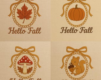 Hello Fall Embroidery Design Bundle - Autumn Leaf, Pumpkin, Mushroom, Squirrel - Fall Machine Embroidery Patterns - Digital Download