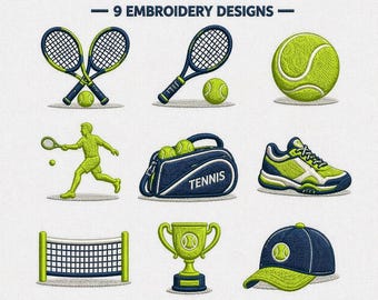 May include: A collection of nine tennis-themed embroidery designs. The designs include tennis rackets, balls, a player, a bag, shoes, a net, a trophy, and a cap. The text "TENNIS ICONS - 9 EMBROIDERY DESIGNS" is at the top.