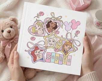 Custom Name Princess Autograph Book, Coquette Bow Elsa Anna Moana Rapunzel Ariel Disney Girls Trip Book, Family Trip Baby Memory Book