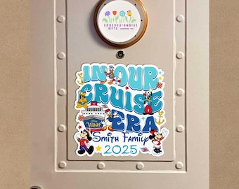 May include: A door decoration with the text "IN OUR CRUISE ERA" in blue and white, featuring Disney characters and a cruise ship. The text "Smith Family 2025" is also included. A circular sign with flowers and text is above.