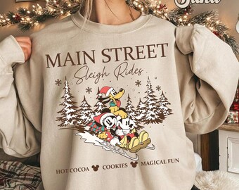 Sweatshirt rétro Mickey Minnie Main Street Sleigh Rides, Sweatshirt de Noël, col rond des fêtes vintage, cadeau joyeux Noël pour femme